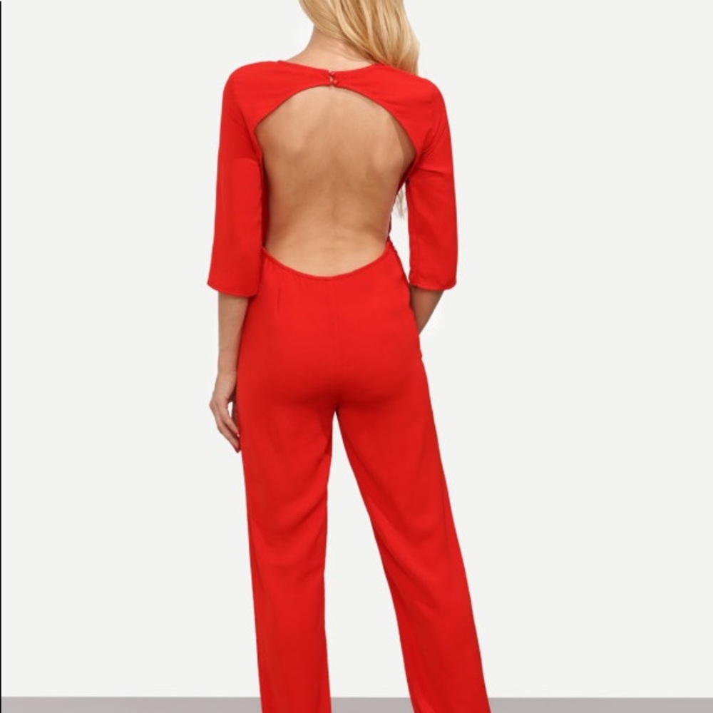 Backless red long sleeved jumpsuit